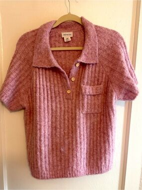 Find Me Now Soft Fuzzy Knit Polo Top Ribbed Pink Oversized